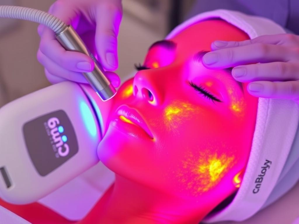 CurrentBody Skin RF device being used on facial skin showing heat visualization CurrentBody Skin RF device being used on facial skin showing heat visualization