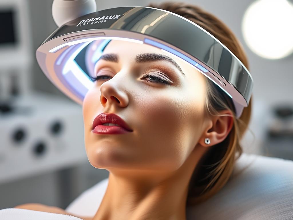 Dermalux Flex MD LED device with flexible canopy positioned over a woman's face Dermalux Flex MD LED device with flexible canopy positioned over a woman's face