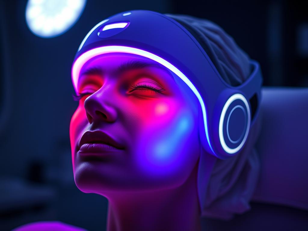 Dr. Dennis Gross LED mask glowing with red and blue light on a model's face Dr. Dennis Gross LED mask glowing with red and blue light on a model's face