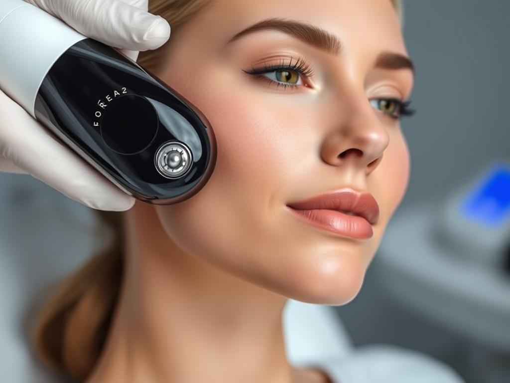 Foreo Bear 2 microcurrent device gliding over facial contours Foreo Bear 2 microcurrent device gliding over facial contours