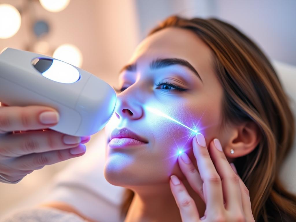 Lyma Laser device being used on facial skin with visible light penetration Lyma Laser device being used on facial skin with visible light penetration