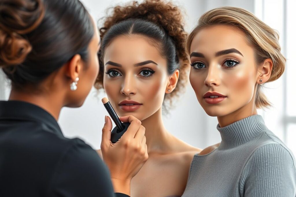 Makeup artist applying Top 10 Makeup Products 2025 on a diverse group of models Makeup artist applying Top 10 Makeup Products 2025 on a diverse group of models