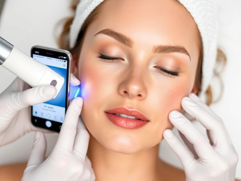 Medicube Age-R Booster Pro being used on facial skin with app visualization Medicube Age-R Booster Pro being used on facial skin with app visualization