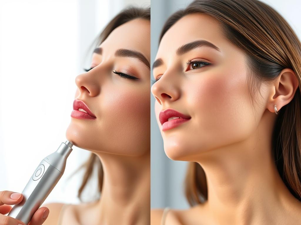 NuFace Trinity+ device being used along jawline showing before and after lifting effect NuFace Trinity+ device being used along jawline showing before and after lifting effect