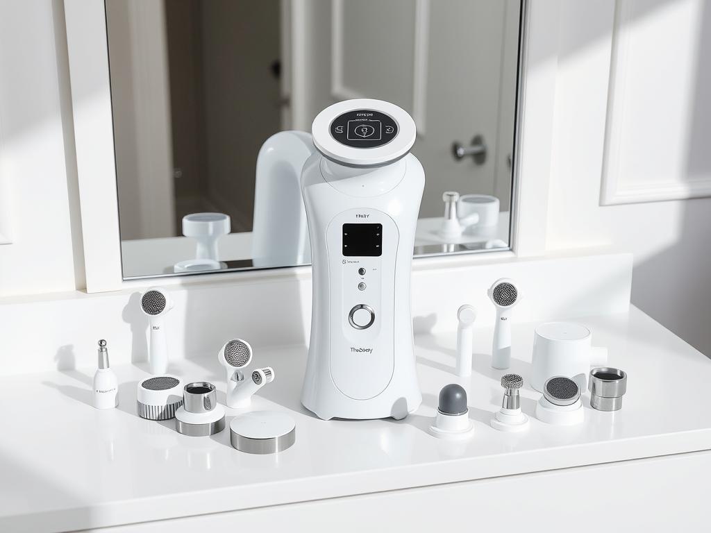 Therabody TheraFace Pro with all its attachments displayed on a luxury vanity Therabody TheraFace Pro with all its attachments displayed on a luxury vanity