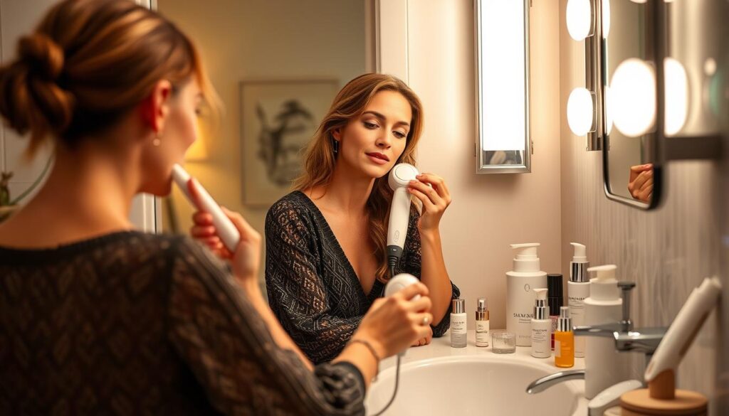 Woman using multiple anti-aging devices in her skincare routine Woman using multiple anti-aging devices in her skincare routine