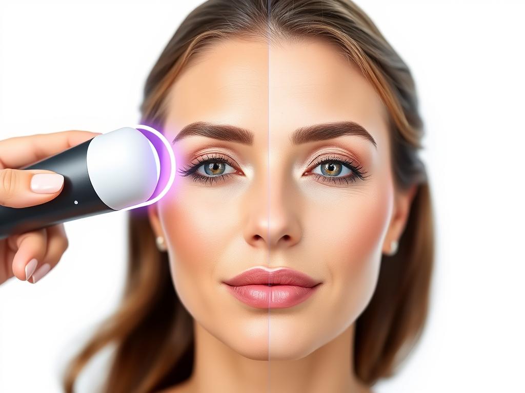 ZIIP Halo nanocurrent device being used on a woman's face with visible lifting results ZIIP Halo nanocurrent device being used on a woman's face with visible lifting results