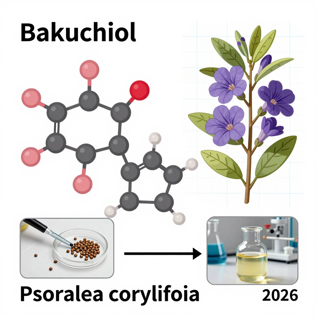 Bakuchiol plant extract and molecular structure visualization for 2026 formulations