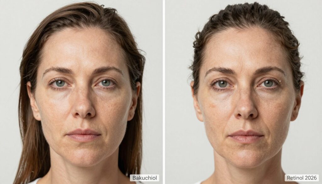 Before and after results comparing bakuchiol vs retinol 2026 treatments on aging skin
